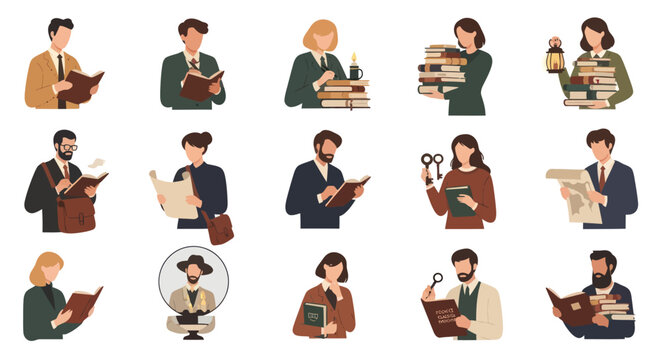 Flat Design People Reading Books, Studying, Education, Literature, Knowledge