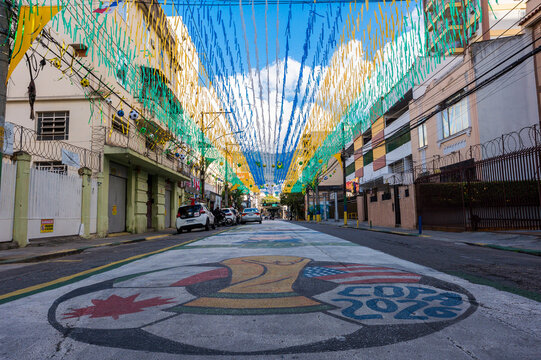 Rio de Janeiro, Brazil - June 5, 2026: Traditional street decorated for the soccer world cup.