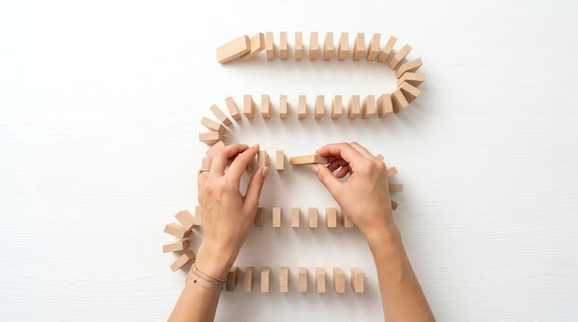 Arrangement of wooden dominoes forming a snake-like pattern, with hands placing the final piece, creating a sense of completion and strategy