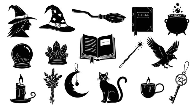 Black  White Glyph Icons of Witchcraft and Halloween Symbols