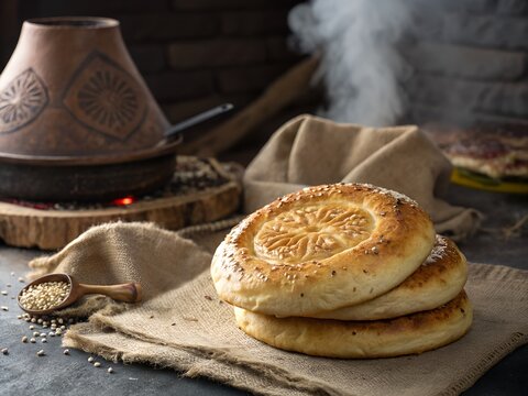Traditional Uzbek Non Bread with Stamped Chekich Pattern, Sesame Seeds, Steam Rising, Tandoor Oven Background
