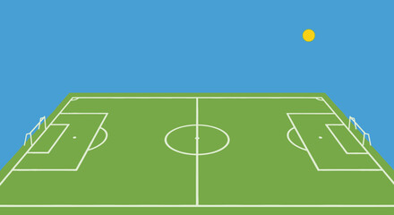 Green Soccer Field with Yellow Ball Under Blue Sky © leyat