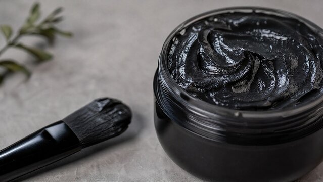 A black cosmetic mask on a gray surface, skincare product texture close-up.