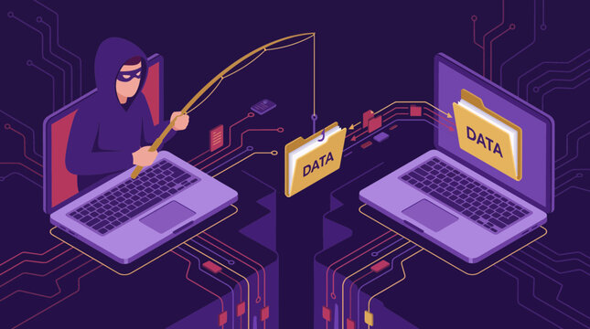Isometric illustration of a masked hacker phishing for private data folders between two laptops on circuit background, symbolizing cyber security risk and illustrating data breach concept