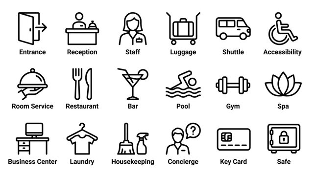 minimalist hotel service and amenities line icon set with reception staff shuttle and room service symbols, illustrating professional hospitality management representing guest services for mobile app