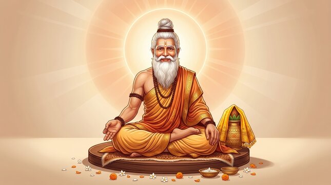Indian sage or rishi meditating in lotus position with traditional orange robes and sacred mala beads guru purnima