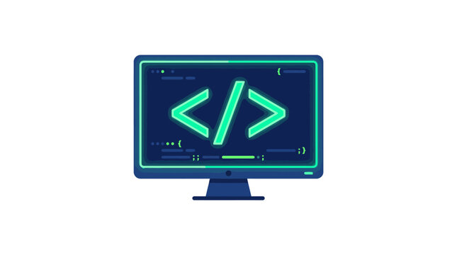 Computer monitor displaying coding symbols and lines of code