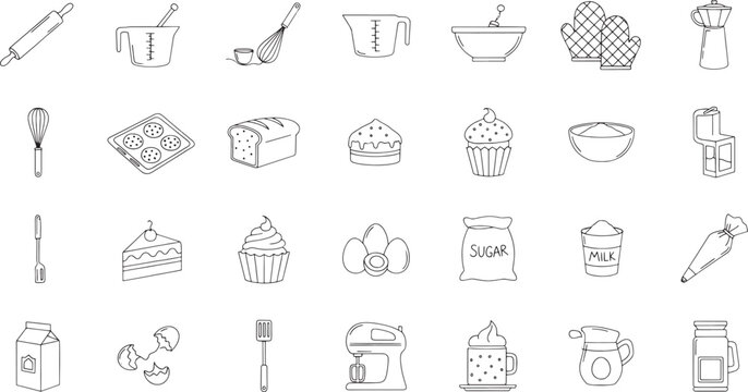 Black and white sketched baking and cooking utensils and ingredients kitchen