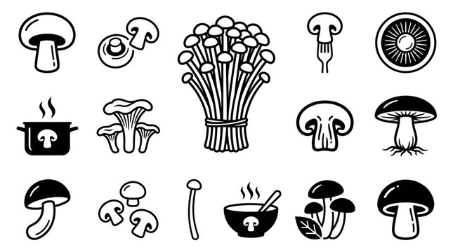 Collection of black and white mushroom icons featuring enoki champignon and chanterelle with cooking elements, representing culinary infographic assets and illustrating healthy food menu
