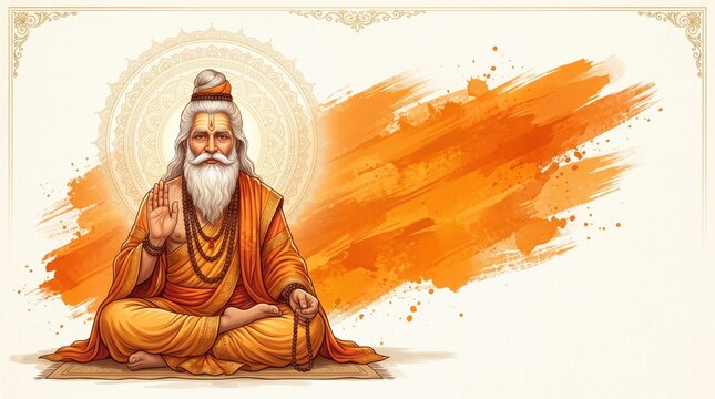 Indian spiritual guru meditating in lotus position with orange watercolor brush stroke guru purnima background