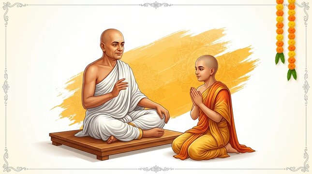 Jain monk giving spiritual discourse to a young devotee traditional indian religious ceremony and guru purnima