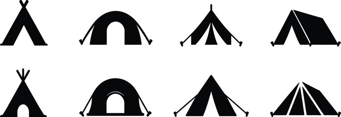 Camping Tent Silhouette Vector Icon Set: Outdoor Shelter and Teepee Graphics. Tourist Tent Silhouette Collection: Minimalist Camping Icons for Travel Design © Fariha