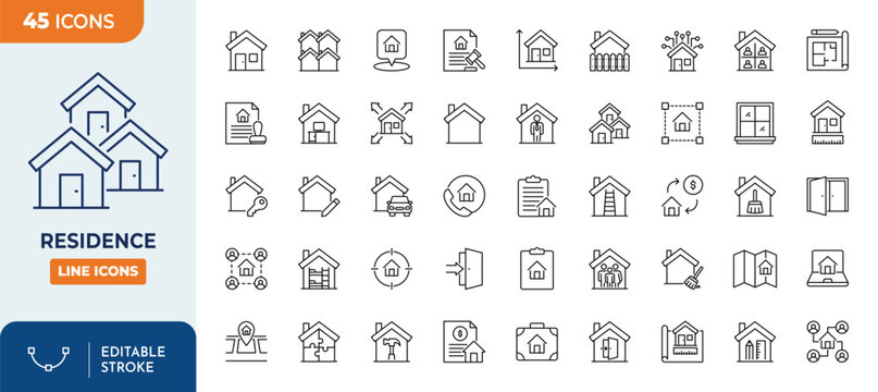 Residence icon set. Contain icons related to residence, home, housing, building, property, neighborhood, address, location, real estate,  and more. editable stroke. vector illustration