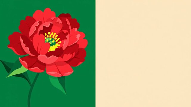 Beautiful bright red peony flower bloom against solid dark green background graphic template, floral nature concept copy space