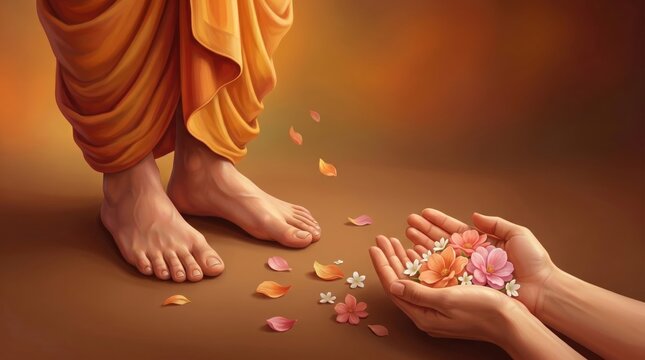 Offering colorful flowers to the feet of a spiritual teacher in a gesture of devotion and sacred guru purnima