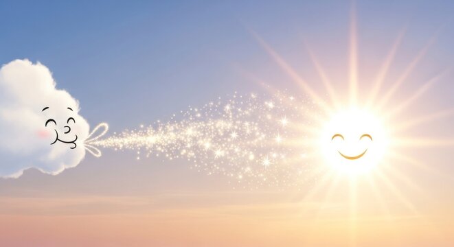 Cartoon cloud blowing glitter towards a smiling sun in a sky