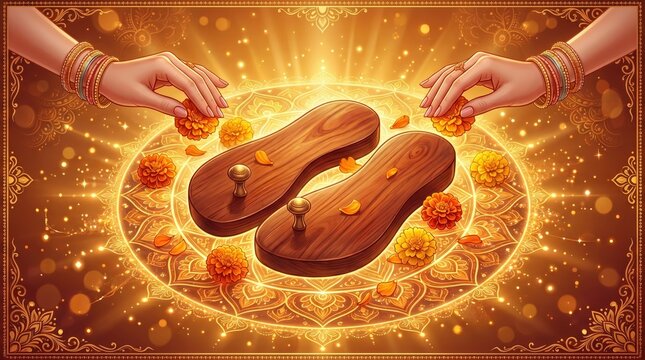 Ornate wooden paduka sandals with marigold flowers and adorned hands in traditional indian spiritual guru purnima