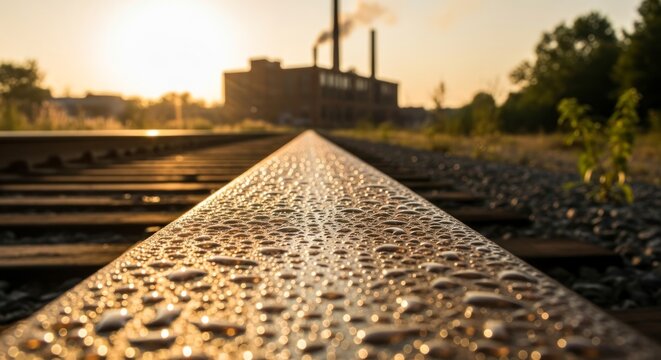 Close up of railroad tracks with water drops and industrial buildings
