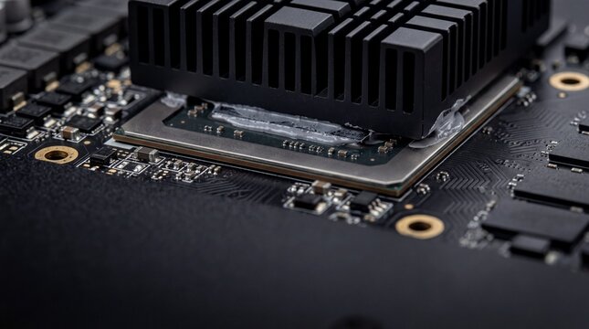 computer hardware details, close-up of a gpu with thermal paste and heatsink, showcasing intricate details