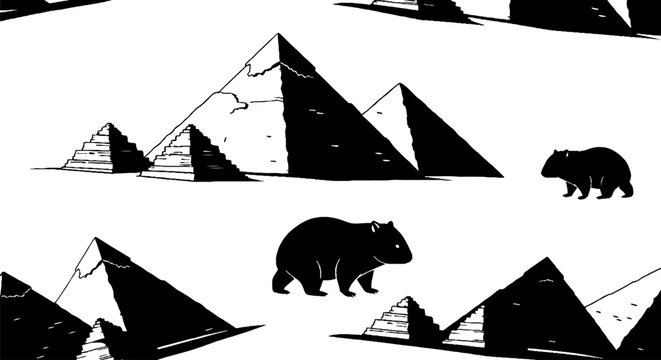 Black and White Bear Illustration with Geometric Pyramids Pattern.