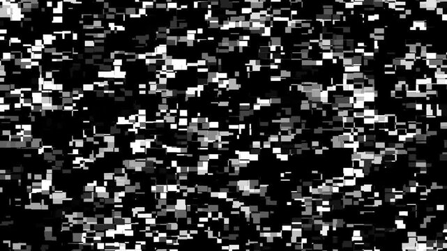 A complex abstract pattern composed of numerous small black white and gray squares and rectangles creating a textured digital mosaic effect with a noisy and glitchy appearance