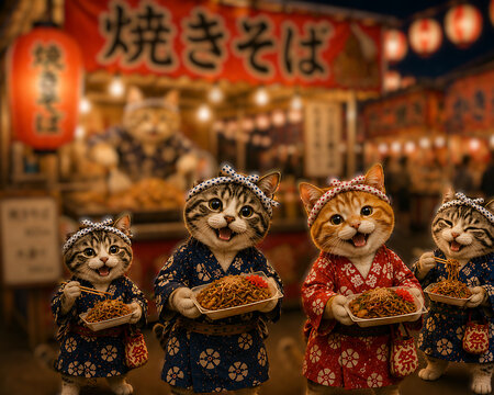 A realistic cute cat wearing a traditional yukata at a Japanese summer festival shaved ice food stall, with a detailed menu board, generative AI