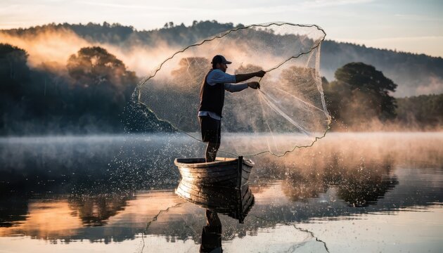 Fisherman casting a net on a mistcovered lake at sunrise, cinematic wide shot of traditional fishing in tranquil waters