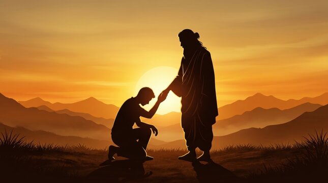 Silhouette of a man kneeling before a spiritual teacher at sunset in the mountains for guidance and guru purnima