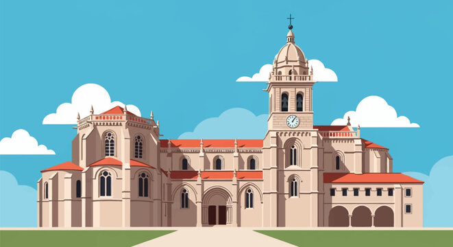 Flat vector illustration of a Spanish monastery in Parada de Sil, Galicia, showing a Romanesque church facade with a clock tower, arched windows, and red tiled roofs under a blue sky.