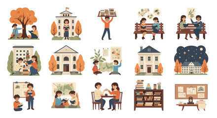 Obraz premium Flat Illustration Set: Diverse Education Scenes with Students, Books, and Academic Buildings for Learning