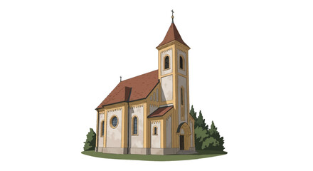 Naklejka premium Vector illustration of a traditional European church building featuring a tall bell tower, red tiled roof, arched windows, and crosses, isolated on a white background with green trees.