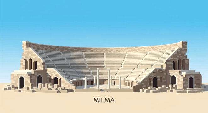 Illustration of the Ancient Roman Theatre of Milos in Klima, Greece, featuring semi-circular stone seating, marble columns, and arched stone entrances against a clear blue sky background.