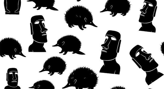 Black and White Illustrated Echidnas and Sculptural Faces Pattern.