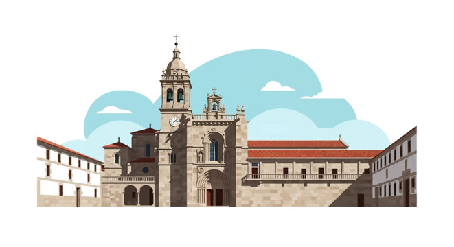Vector illustration of the Monastery of San Xuli&aacute;n de Samos in Galicia, Spain, featuring the historic stone church facade, bell tower, and arched entrance on a white background.