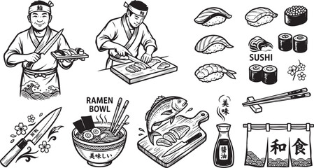 Japanese Sushi Chef Ramen Bowl and Seafood Illustration Set (55 characters) © MOSTNISHATSARA