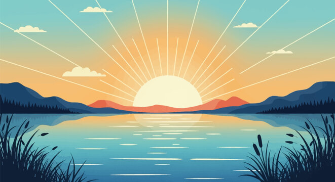 Stylized vector landscape featuring a rising sun over a quiet lake with mountains in the background, pine forests on the banks, and silhouettes of reeds and cattails in front.