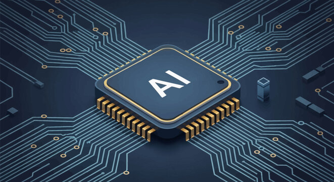 3D render of an artificial intelligence microchip processor labeled AI on a dark blue printed circuit board with gold connections and complex digital trace lines radiating.
