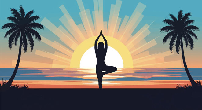 Silhouette of a woman practicing yoga tree pose on a tropical beach during a vibrant sunrise, flanked by two palm trees with geometric sun rays over a calm ocean vector illustration.