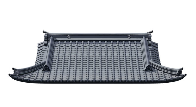Traditional East Asian architecture roof illustration featuring dark grey clay tiles and curved eaves, isolated on a white background. Detailed representation of a temple or palace roof.