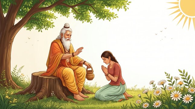 Spiritual indian guru blessing a young woman kneeling in prayer in a sunny meadow with flowers guru purnima