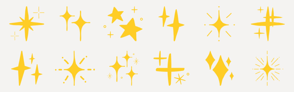 Yellow vector sparkle icons and stars on white background, abstract festive set