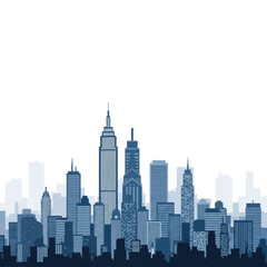 Fototapeta premium Blue monochrome vector illustration of a modern city skyline with silhouettes of skyscrapers and high-rise buildings on a plain white background, urban architectural landscape.