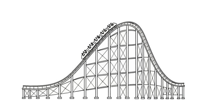 Line art illustration of a roller coaster track with passengers in cars ascending a steep hill, featuring detailed support structure on a white background for coloring or design.