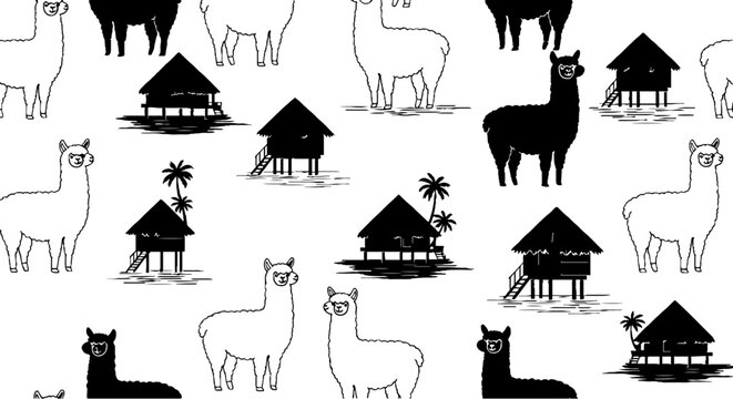Playful Alpaca and Hut Pattern in Monochrome Design Style.