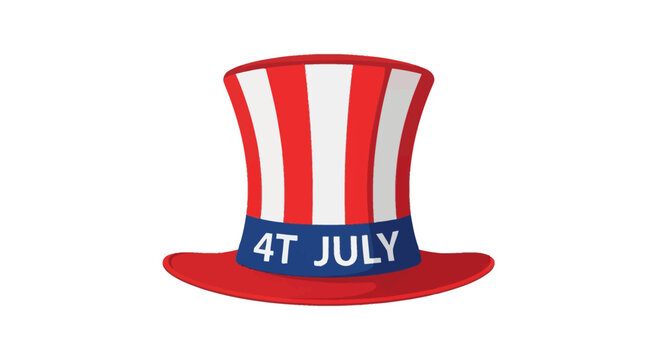 Vector illustration of an American patriotic top hat for Independence Day featuring red and white vertical stripes, a blue band with the text 4T JULY, and a red brim on a white background.