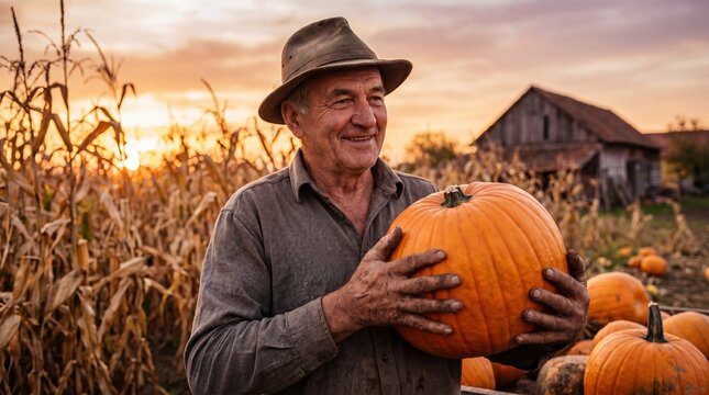 Senior farmer holding a large ripe pumpkin in a cornfield at sunset