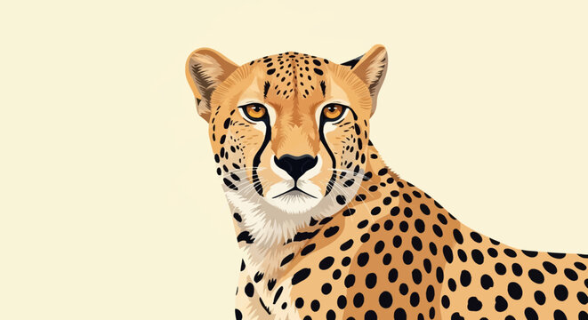 Vector illustration of a cheetah portrait featuring distinct black spots, amber eyes, and black facial tear marks against a solid off-white background in a flat graphic art style.