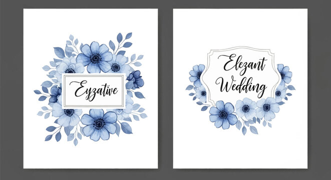 Elegant double-sided wedding invitation card set featuring blue watercolor floral arrangements with anemone flowers, green leaves, and decorative frames on a white background.