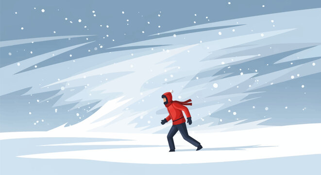 Vector illustration of a person wearing a red winter jacket, scarf, and gloves walking through a heavy blizzard in a snowy field with swirling winds and falling snowflakes.