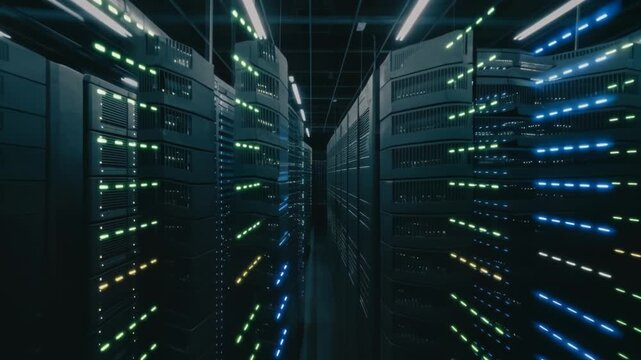 High Tech Data Center Rows, Blinking Server Lights, Digital Network Infrastructure, Modern Technology Seamless Loop.